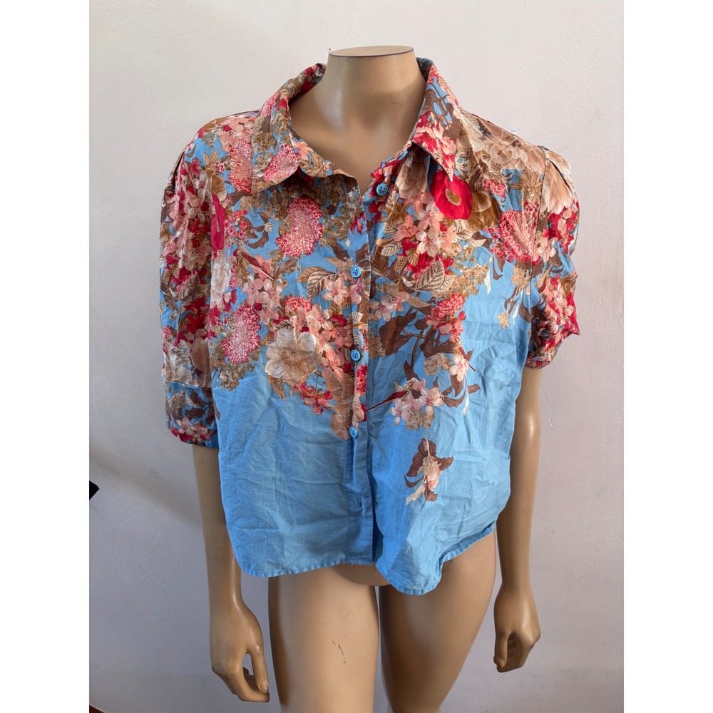 Maeve Anthropologie Floral Puff Sleeve Button Down Blouse Boho Blue XL